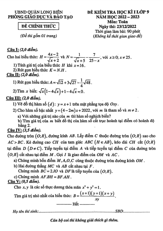 Đề kiểm tra học kì 1 (HK1) lớp 9 môn Toán năm 2022 2023 phòng GD ĐT Long Biên Hà Nội