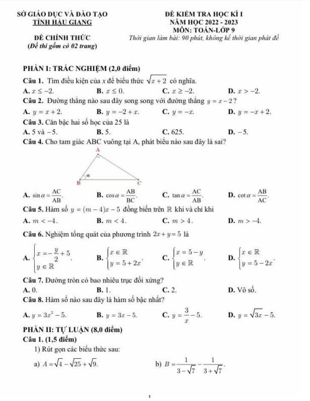 Đề kiểm tra học kì 1 (HK1) lớp 9 môn Toán năm 2022 2023 sở GD ĐT Hậu Giang