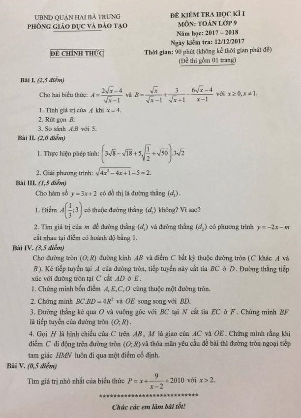 Đề kiểm tra học kì 1 (HK1) lớp 9 môn Toán năm học 2017 2018 phòng GD và ĐT Hai Bà Trưng Hà Nội