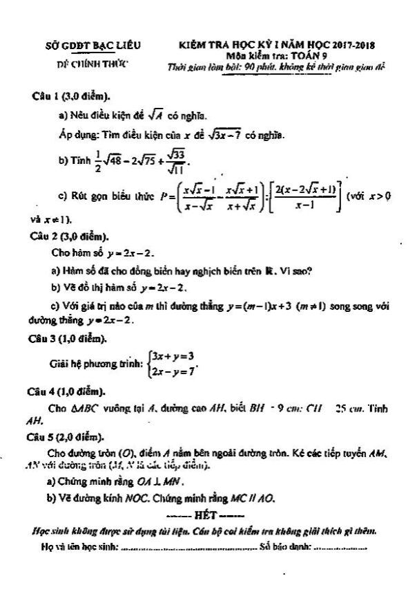 Đề kiểm tra học kì 1 (HK1) lớp 9 môn Toán năm học 2017 2018 sở GD và ĐT Bạc Liêu
