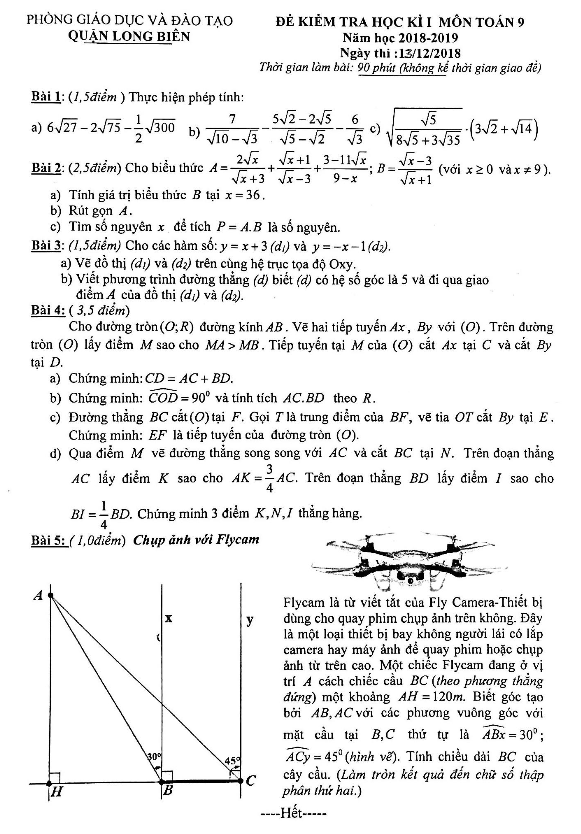 Đề kiểm tra học kì 1 (HK1) lớp 9 môn Toán năm học 2018 2019 phòng GD ĐT Long Biên Hà Nội