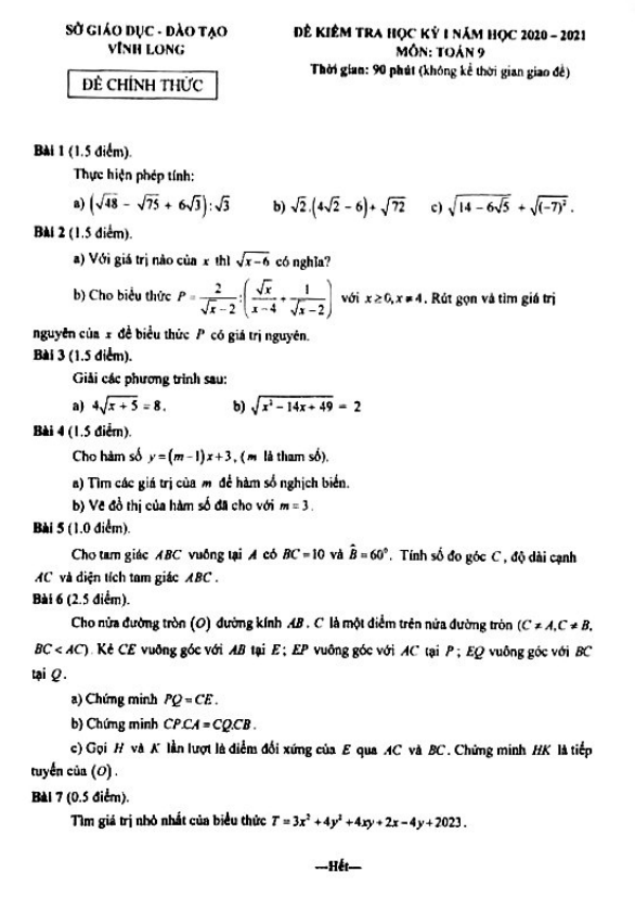 Đề kiểm tra học kì 1 (HK1) lớp 9 môn Toán năm học 2020 2021 sở GD ĐT Vĩnh Long