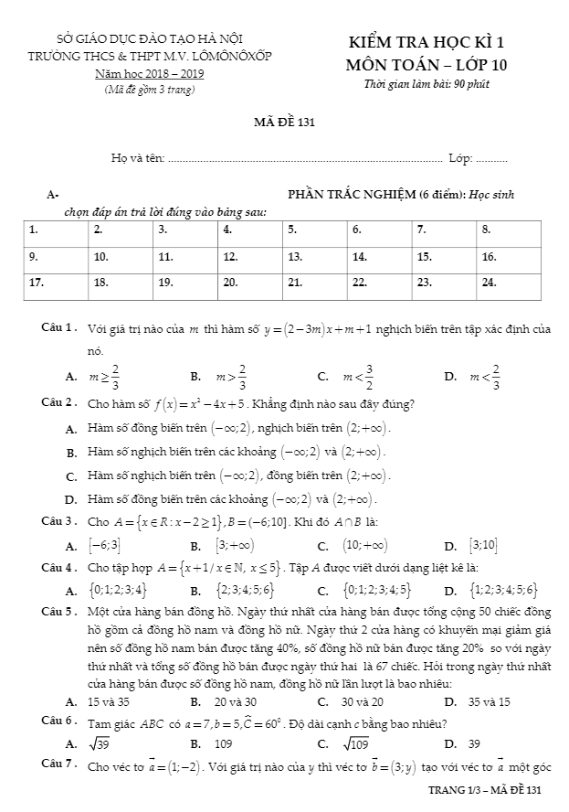Đề kiểm tra học kì 1 (HK1) Toán 10 năm 2018 2019 trường M.V Lômônôxốp Hà Nội