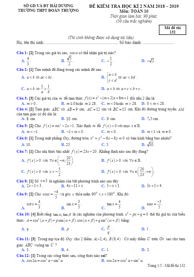 Đề kiểm tra học kì 2 (HK2) lớp 10 môn Toán năm 2018 2019 trường Đoàn Thượng Hải Dương
