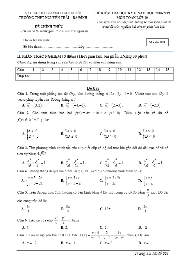 Đề kiểm tra học kì 2 (HK2) lớp 10 môn Toán năm 2018 2019 trường Nguyễn Trãi Hà Nội