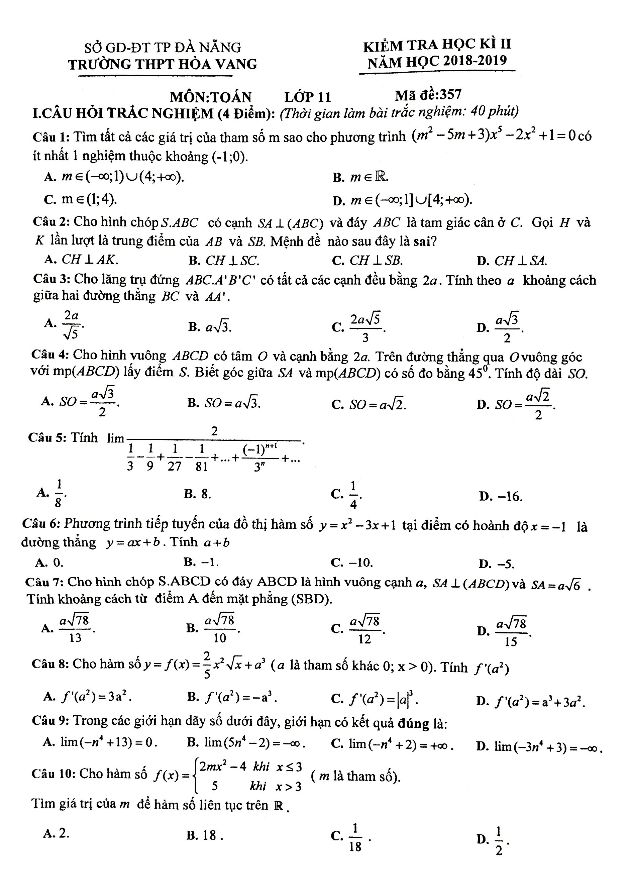 Đề kiểm tra học kì 2 (HK2) lớp 11 môn Toán năm 2018 2019 trường Hòa Vang Đà Nẵng