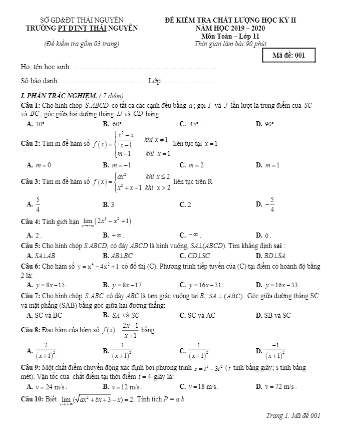 Đề kiểm tra học kì 2 (HK2) lớp 11 môn Toán năm 2019 2020 trường PTDT nội trú Thái Nguyên