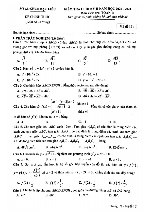 Đề kiểm tra học kì 2 (HK2) lớp 11 môn Toán năm 2020 2021 sở GDKHCN Bạc Liêu