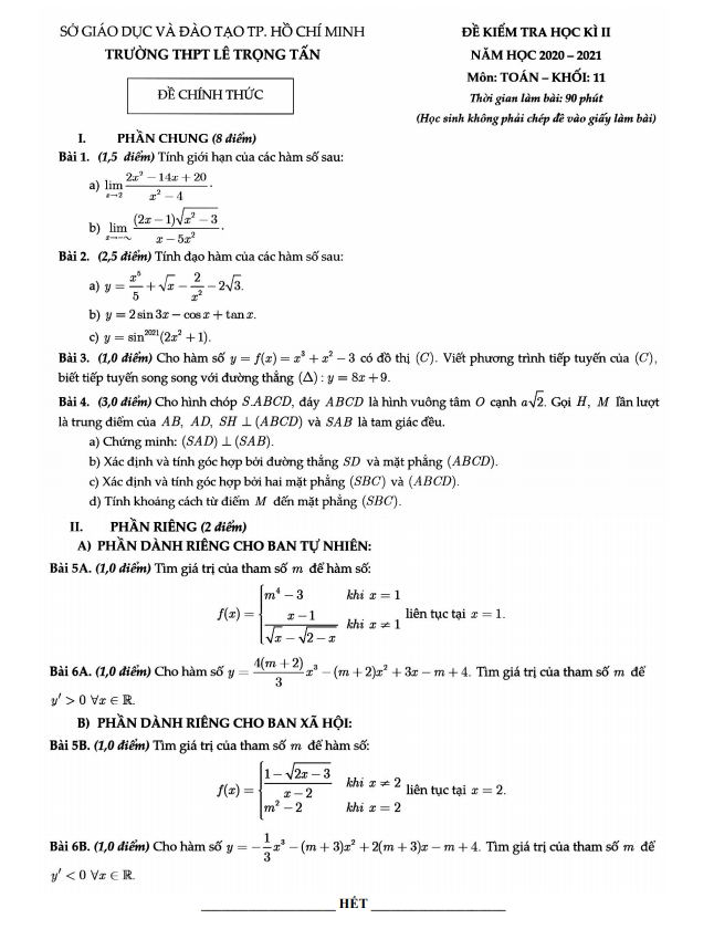 Đề kiểm tra học kì 2 (HK2) lớp 11 môn Toán năm 2020 2021 trường THPT Lê Trọng Tấn TP HCM