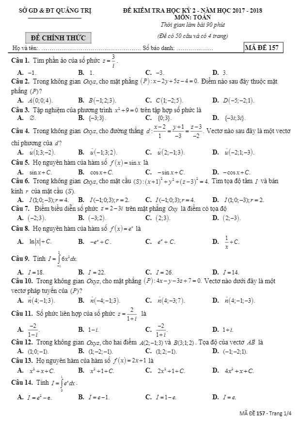 Đề kiểm tra học kì 2 (HK2) lớp 12 môn Toán năm 2017 2018 sở GD và ĐT Quảng Trị