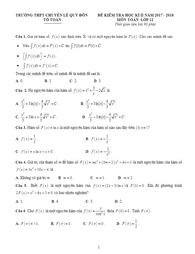 Đề kiểm tra học kì 2 (HK2) lớp 12 môn Toán năm 2017 2018 trường chuyên Lê Quý Đôn Khánh Hòa