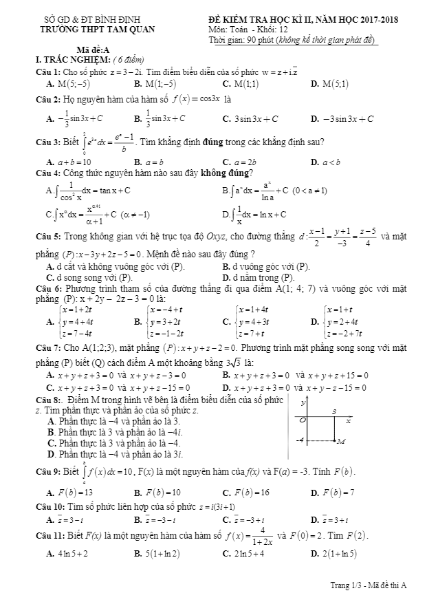 Đề kiểm tra học kì 2 (HK2) lớp 12 môn Toán năm 2017 2018 trường Tam Quan Bình Định