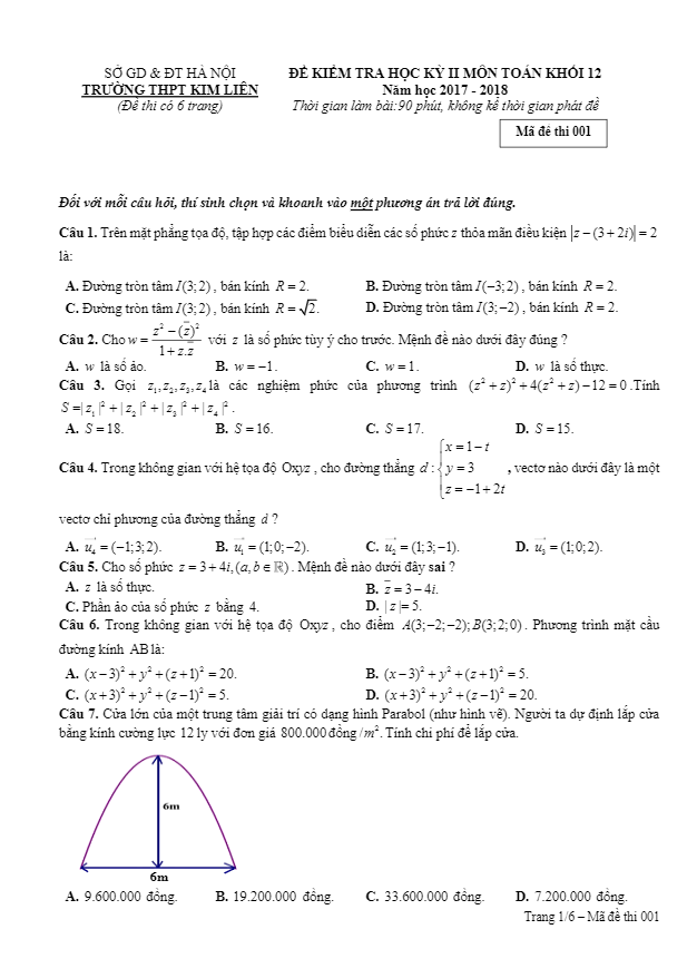 Đề kiểm tra học kì 2 (HK2) lớp 12 môn Toán năm 2017 2018 trường THPT Kim Liên Hà Nội