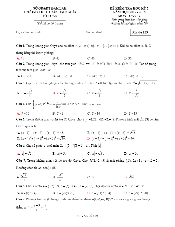Đề kiểm tra học kì 2 (HK2) lớp 12 môn Toán năm 2017 2018 trường Trần Đại Nghĩa Đắk Lắk