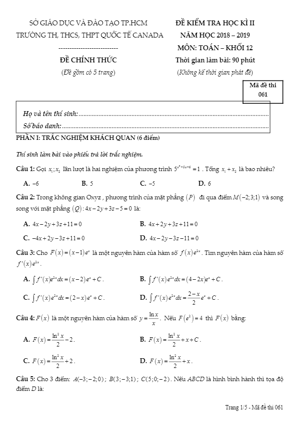 Đề kiểm tra học kì 2 (HK2) lớp 12 môn Toán năm 2018 2019 trường Quốc tế Canada TP HCM