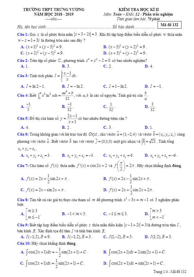 Đề kiểm tra học kì 2 (HK2) lớp 12 môn Toán năm 2018 2019 trường THPT Trưng Vương TP HCM