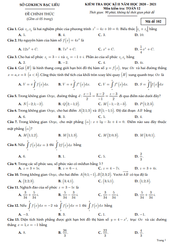 Đề kiểm tra học kì 2 (HK2) lớp 12 môn Toán năm 2020 2021 sở GDKHCN Bạc Liêu