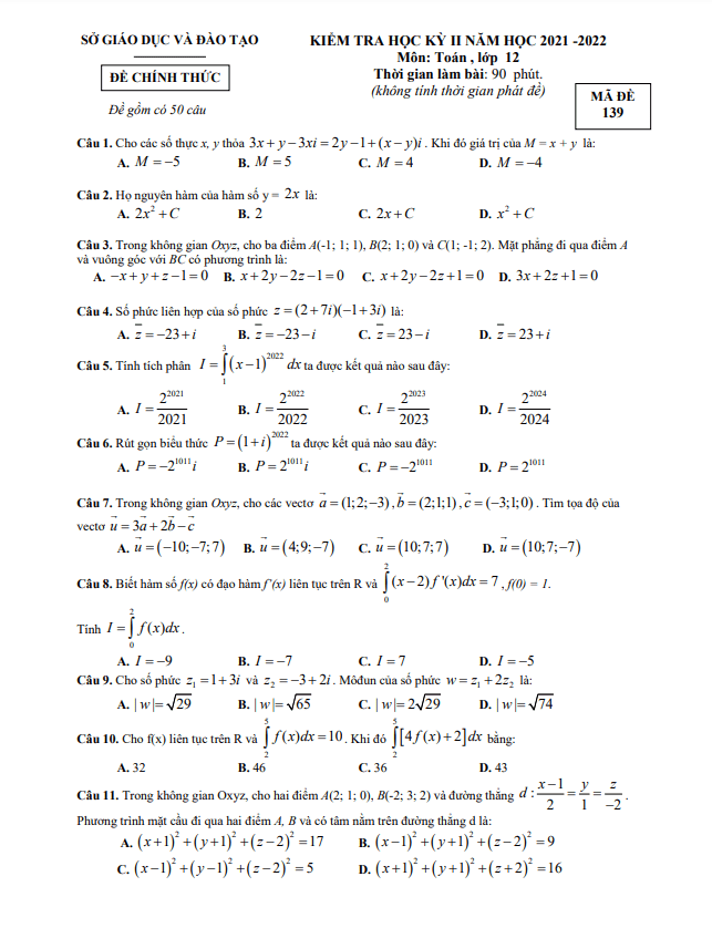 Đề kiểm tra học kì 2 (HK2) lớp 12 môn Toán năm 2021 2022 sở GD ĐT Bình Dương