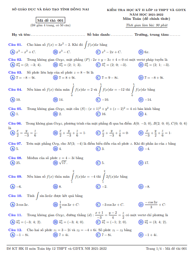 Đề kiểm tra học kì 2 (HK2) lớp 12 môn Toán năm 2021 2022 sở GD ĐT Đồng Nai