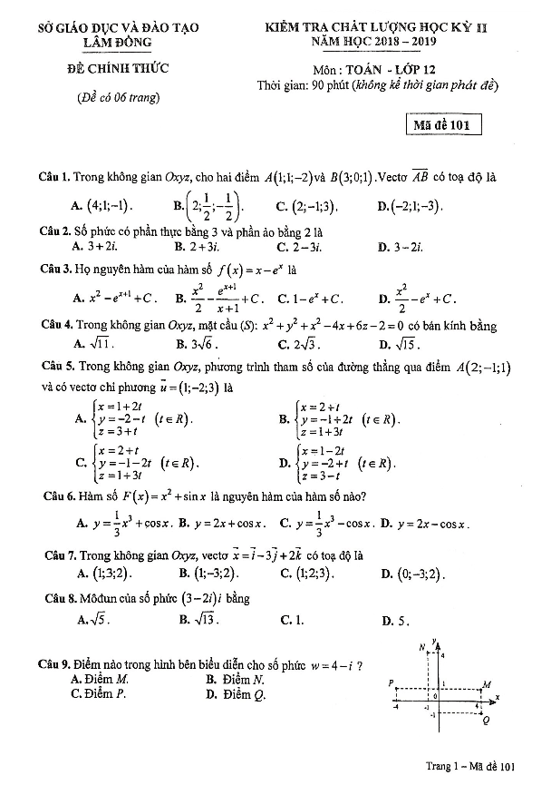 Đề kiểm tra học kì 2 (HK2) lớp 12 môn Toán năm học 2018 2019 sở GD ĐT Lâm Đồng
