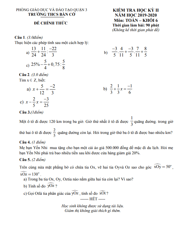Đề kiểm tra học kì 2 (HK2) lớp 6 môn Toán năm 2019 2020 trường THCS Bàn Cờ TP HCM