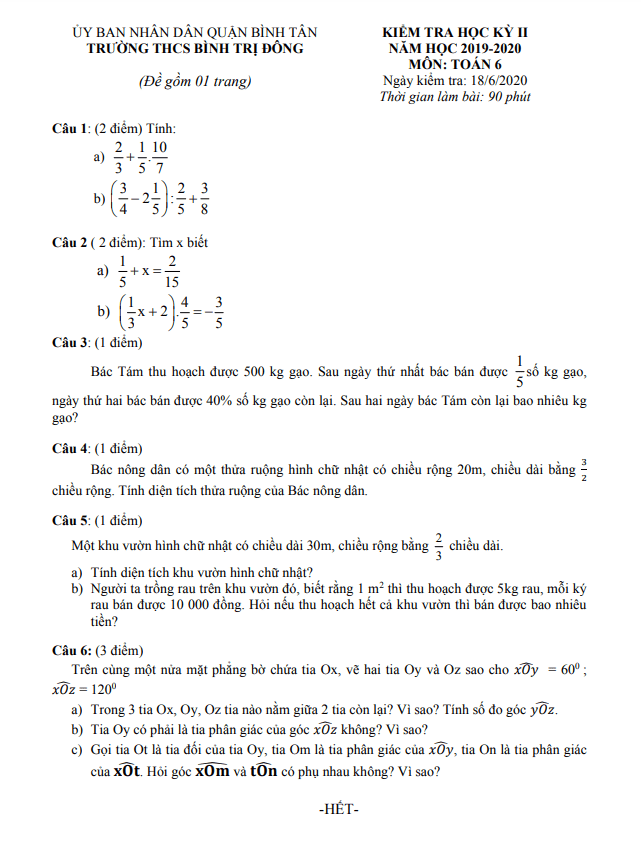 Đề kiểm tra học kì 2 (HK2) lớp 6 môn Toán năm 2019 2020 trường THCS Bình Trị Đông TP HCM