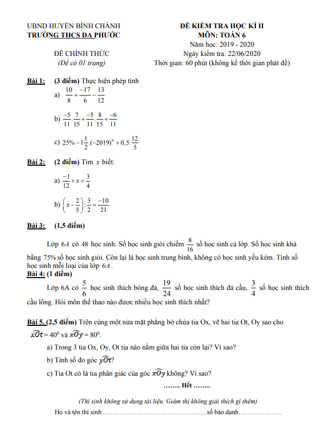 Đề kiểm tra học kì 2 (HK2) lớp 6 môn Toán năm 2019 2020 trường THCS Đa Phước TP HCM