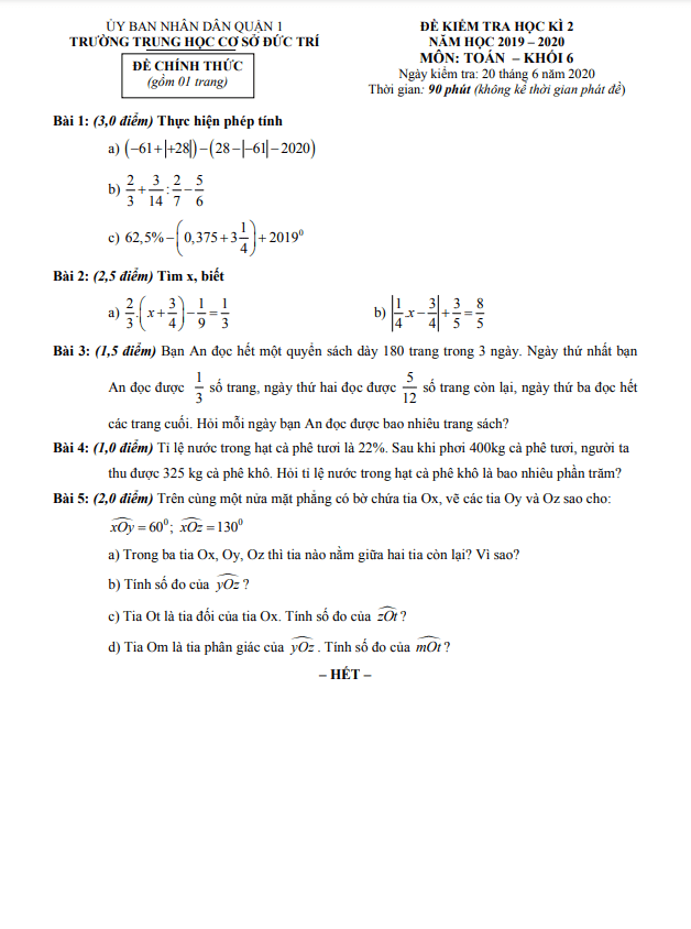 Đề kiểm tra học kì 2 (HK2) lớp 6 môn Toán năm 2019 2020 trường THCS Đức Trí TP HCM