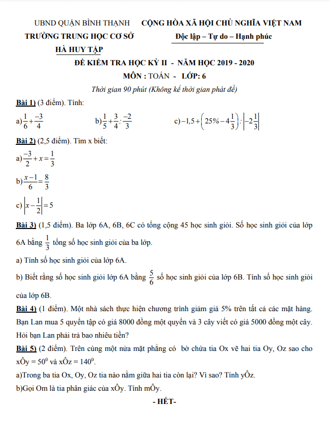 Đề kiểm tra học kì 2 (HK2) lớp 6 môn Toán năm 2019 2020 trường THCS Hà Huy Tập TP HCM