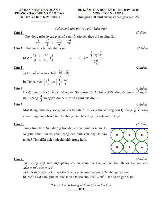 Đề kiểm tra học kì 2 (HK2) lớp 6 môn Toán năm 2019 2020 trường THCS Kim Đồng TP HCM