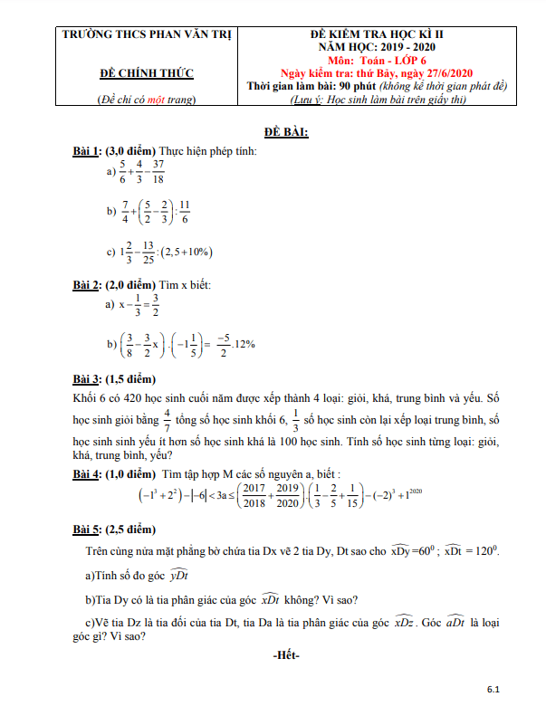 Đề kiểm tra học kì 2 (HK2) lớp 6 môn Toán năm 2019 2020 trường THCS Phan Văn Trị TP HCM
