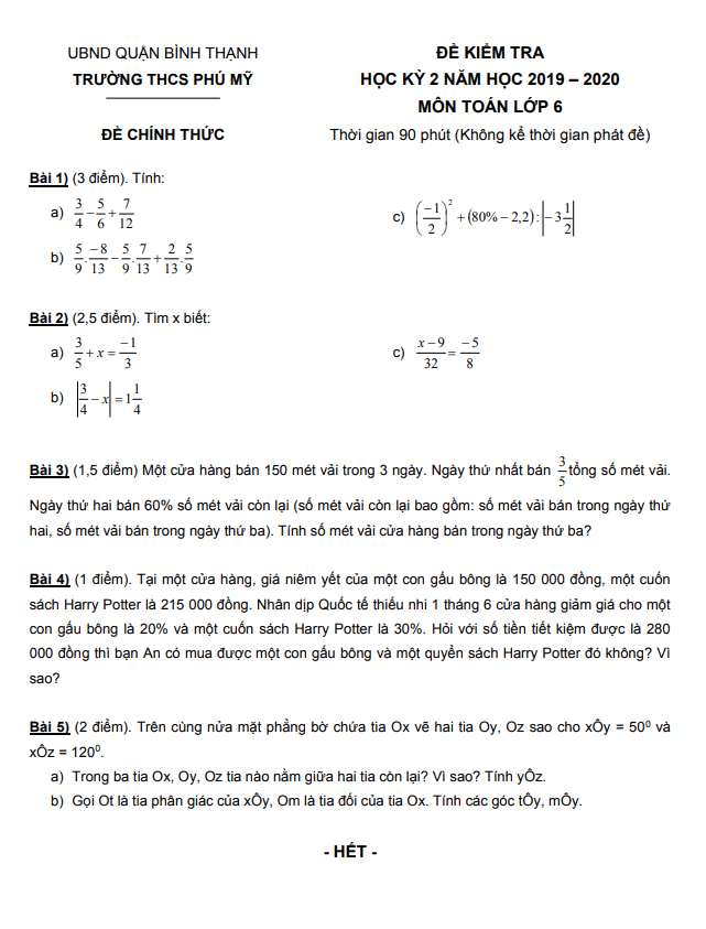 Đề kiểm tra học kì 2 (HK2) lớp 6 môn Toán năm 2019 2020 trường THCS Phú Mỹ TP HCM