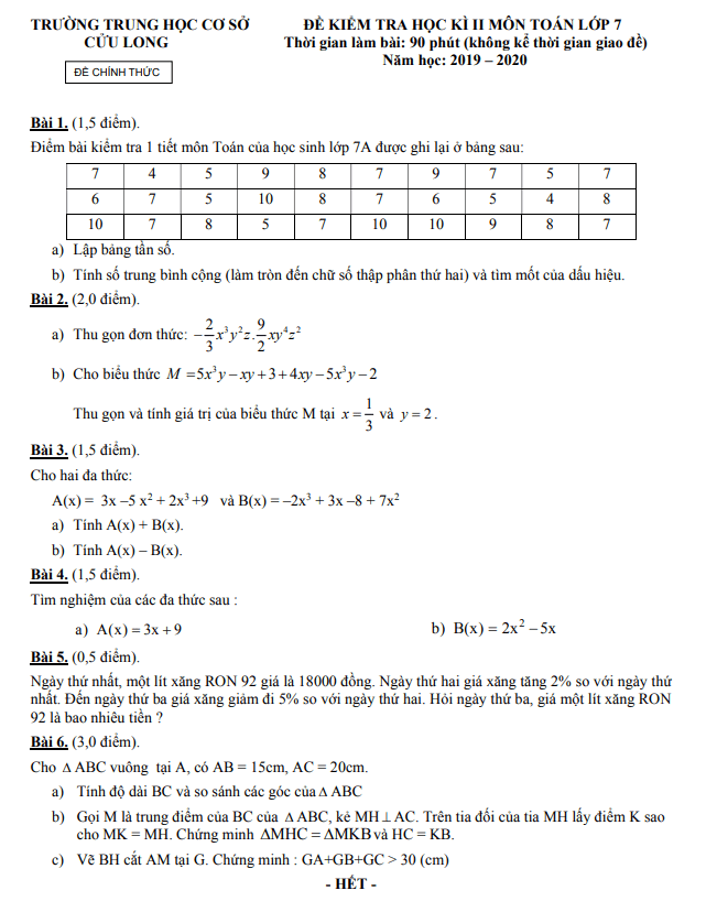 Đề kiểm tra học kì 2 (HK2) lớp 7 môn Toán năm 2019 2020 trường THCS Cửu Long TP HCM