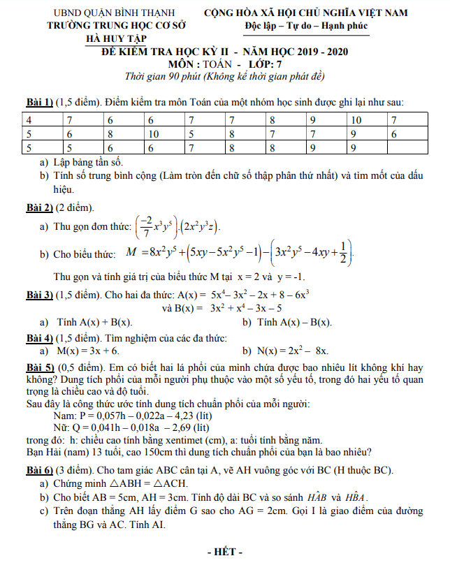 Đề kiểm tra học kì 2 (HK2) lớp 7 môn Toán năm 2019 2020 trường THCS Hà Huy Tập TP HCM