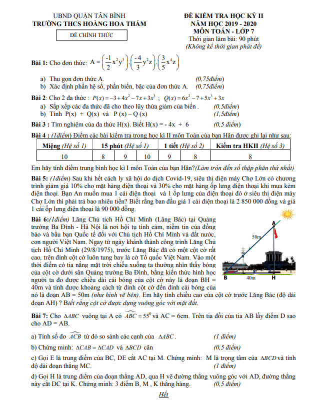 Đề kiểm tra học kì 2 (HK2) lớp 7 môn Toán năm 2019 2020 trường THCS Hoàng Hoa Thám TP HCM