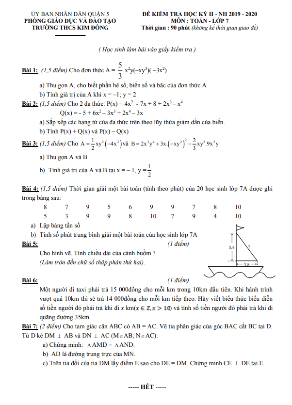 Đề kiểm tra học kì 2 (HK2) lớp 7 môn Toán năm 2019 2020 trường THCS Kim Đồng TP HCM