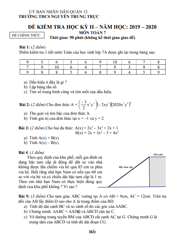 Đề kiểm tra học kì 2 (HK2) lớp 7 môn Toán năm 2019 2020 trường THCS Nguyễn Trung Trực TP HCM
