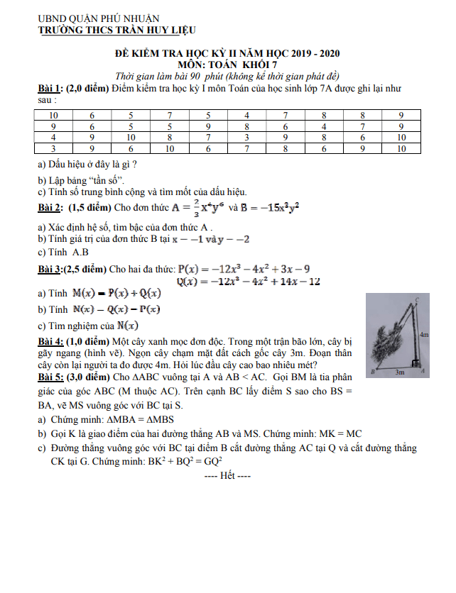 Đề kiểm tra học kì 2 (HK2) lớp 7 môn Toán năm 2019 2020 trường THCS Trần Huy Liệu TP HCM