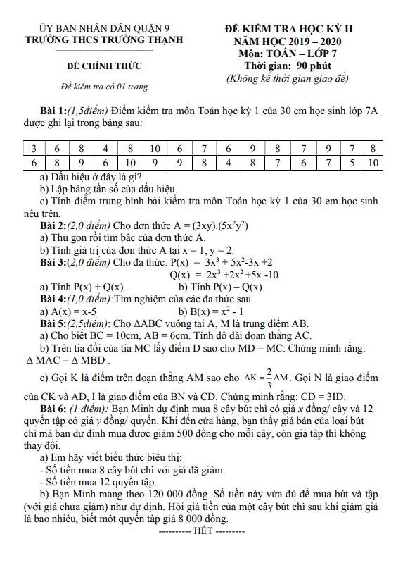 Đề kiểm tra học kì 2 (HK2) lớp 7 môn Toán năm 2019 2020 trường THCS Trường Thạnh TP HCM