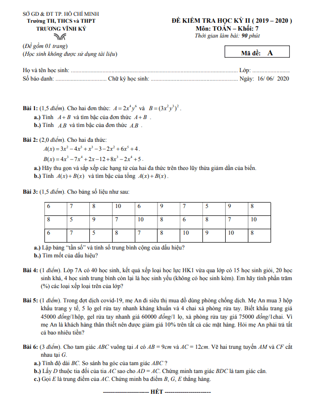 Đề kiểm tra học kì 2 (HK2) lớp 7 môn Toán năm 2019 2020 trường Trương Vĩnh Ký TP HCM