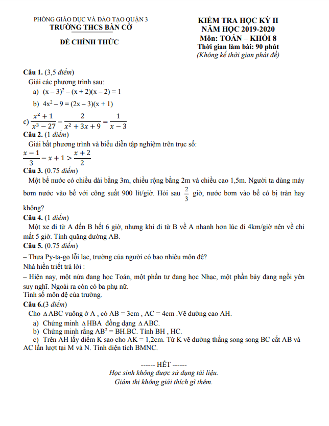 Đề kiểm tra học kì 2 (HK2) lớp 8 môn Toán năm 2019 2020 trường THCS Bàn Cờ TP HCM