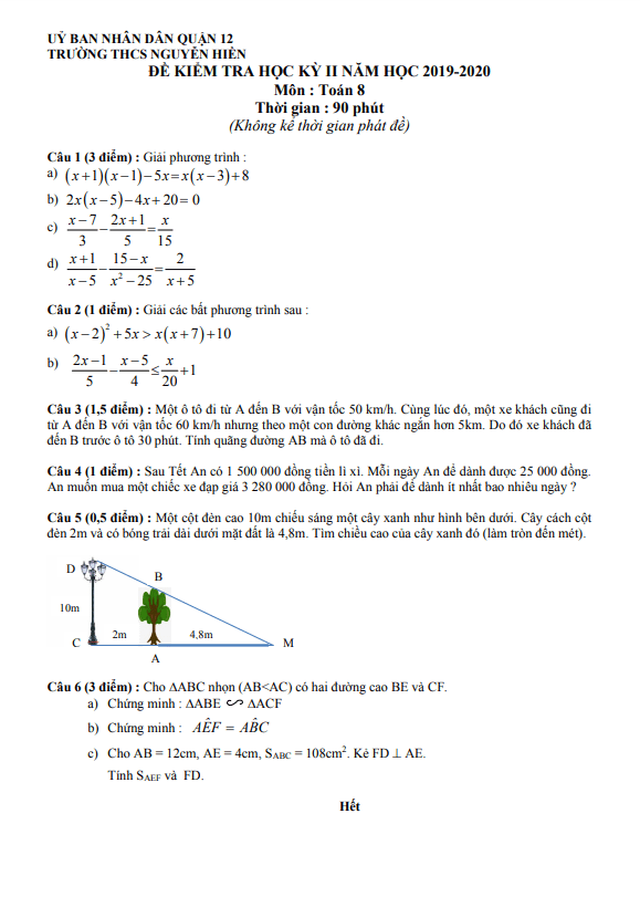 Đề kiểm tra học kì 2 (HK2) lớp 8 môn Toán năm 2019 2020 trường THCS Nguyễn Hiền TP HCM