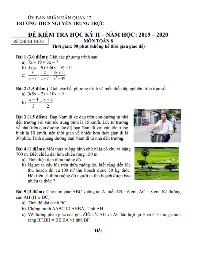 Đề kiểm tra học kì 2 (HK2) lớp 8 môn Toán năm 2019 2020 trường THCS Nguyễn Trung Trực TP HCM