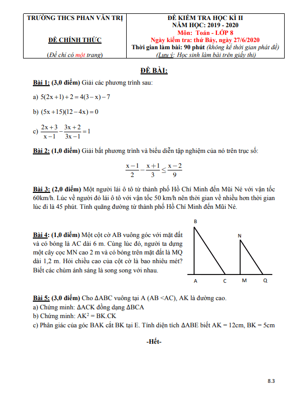 Đề kiểm tra học kì 2 (HK2) lớp 8 môn Toán năm 2019 2020 trường THCS Phan Văn Trị TP HCM