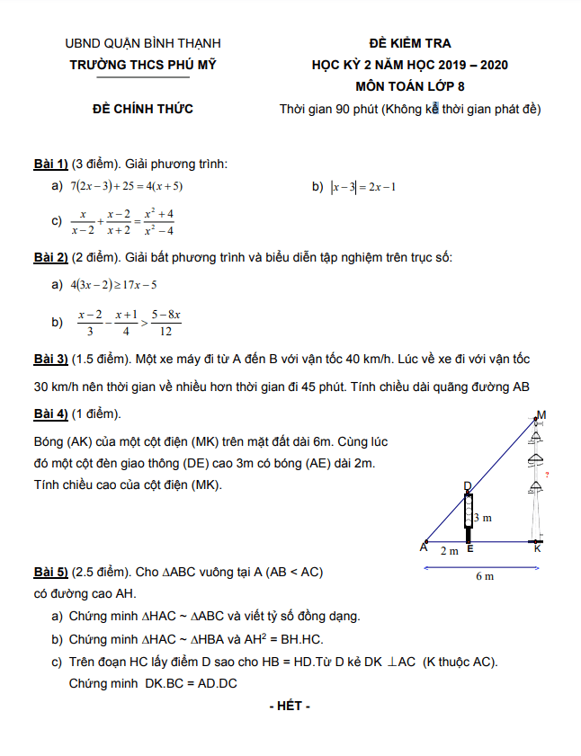 Đề kiểm tra học kì 2 (HK2) lớp 8 môn Toán năm 2019 2020 trường THCS Phú Mỹ TP HCM