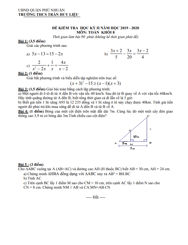 Đề kiểm tra học kì 2 (HK2) lớp 8 môn Toán năm 2019 2020 trường THCS Trần Huy Liệu TP HCM