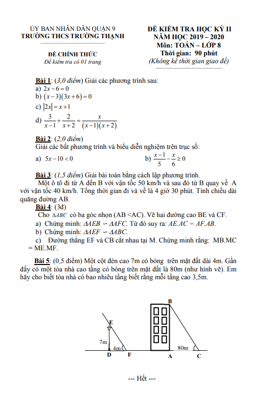 Đề kiểm tra học kì 2 (HK2) lớp 8 môn Toán năm 2019 2020 trường THCS Trường Thạnh TP HCM
