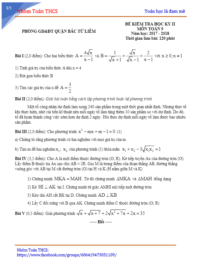 Đề kiểm tra học kì 2 (HK2) lớp 9 môn Toán năm 2017 2018 phòng GD và ĐT Bắc Từ Liêm Hà Nội