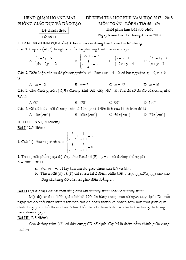 Đề kiểm tra học kì 2 (HK2) lớp 9 môn Toán năm 2017 2018 phòng GD và ĐT Hoàng Mai Hà Nội