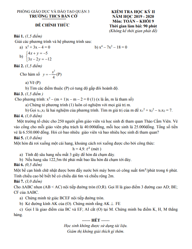 Đề kiểm tra học kì 2 (HK2) lớp 9 môn Toán năm 2019 2020 trường THCS Bàn Cờ TP HCM